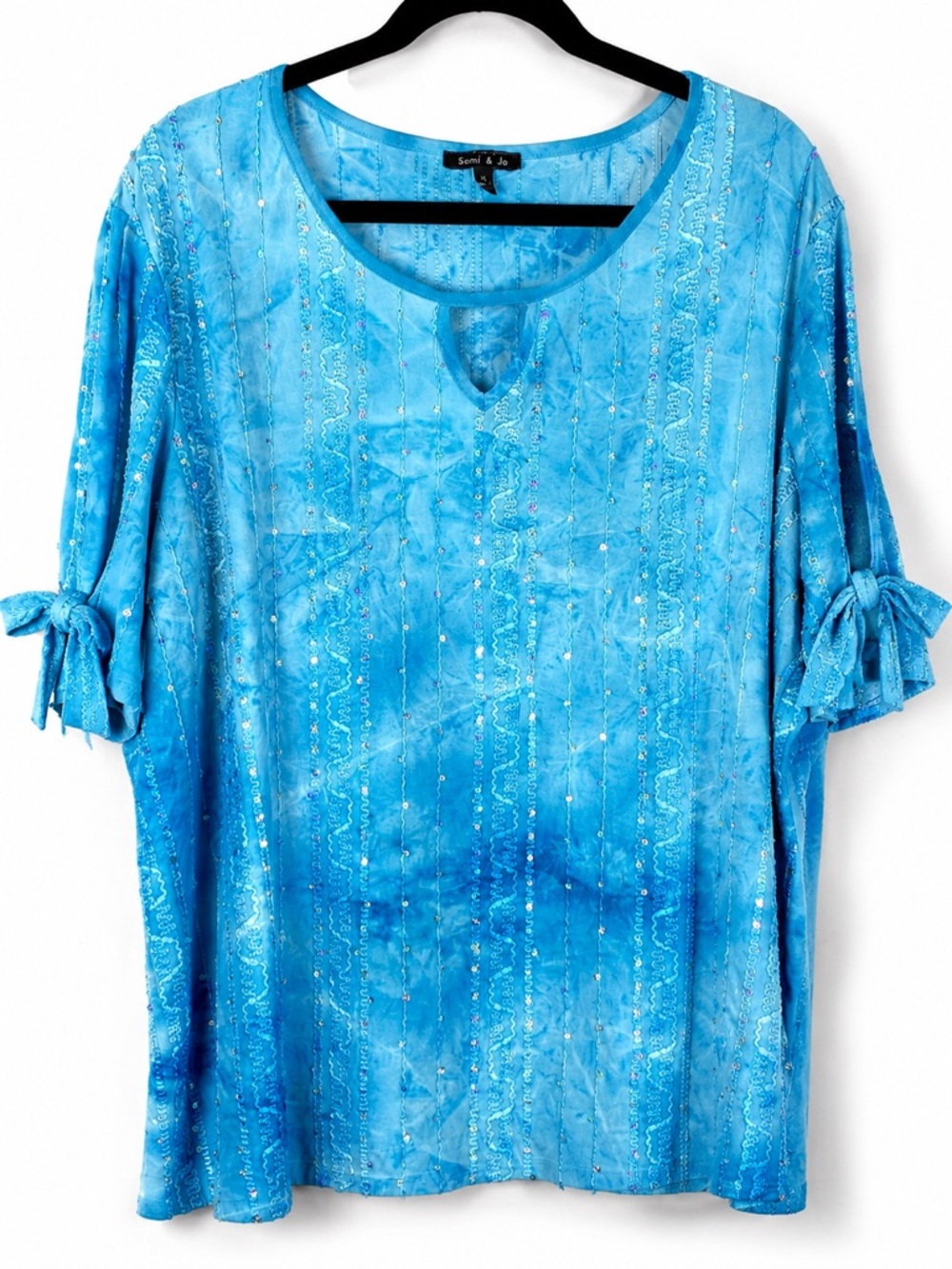 Sami & Jo Womens Top XL Blue Sequin Embellished Slit Tie Sleeve Stretch - Picture 2 of 14